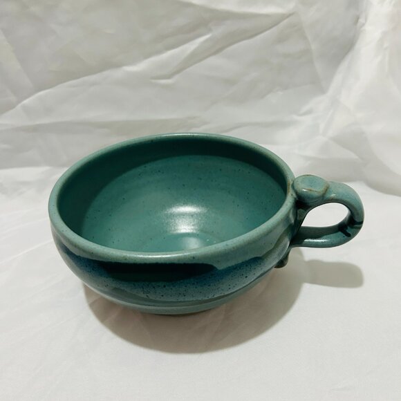 Signed Art Pottery soup mug bowl Teal Blue green glaze Thumb Rest - Picture 3 of 15